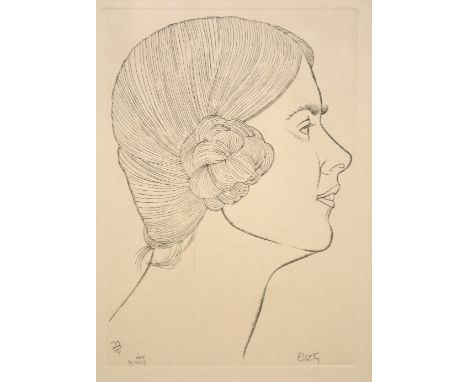 ERIC GILL (BRITISH 1882-1940), Portrait of Eliz. G, an engraving mounted, glazed and framed, label verso for Goldmark Gallery
