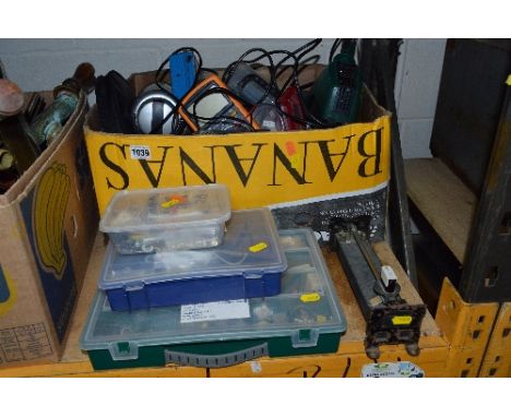 A TRAY OF ELECTRICAL TOOLS, and three trays of components including a Maltender soldering station etc