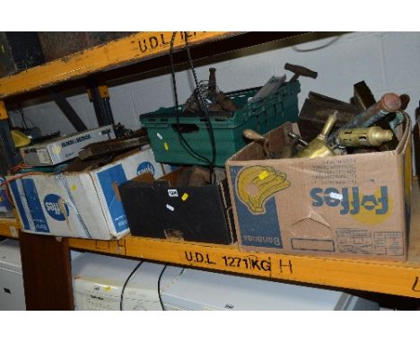 FIVE BOXES OF VINTAGE HAND TOOLS, including wooden planes, brass lamps, large pipe cutters etc