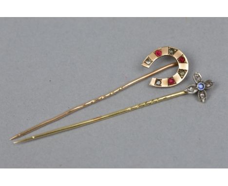 TWO VICTORIAN GOLD STICK PINS SET WITH DIAMONDS