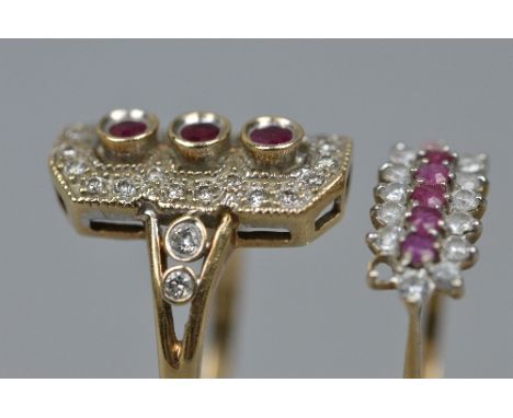 TWO RINGS, to include a modern ruby and diamond 'up finger' ring, head measuring approximately 20.0mm x 11.0mm, estimated tot