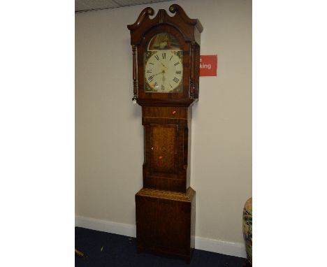 A GEORGE III MAHOGANY, OAK AND INLAID LONGCASE CLOCK, 30 hour movement, Roman numerals, dummy seconds dial and a painted Vict