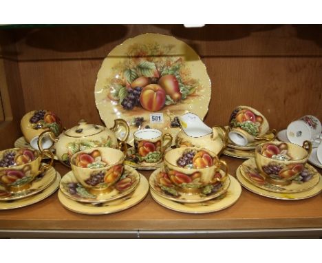 AYNSLEY 'ORCHARD GOLD' TEAWARES, to include (blue backstamp) cake plate, milk jug, covered sugar bowl, five cups, six saucers