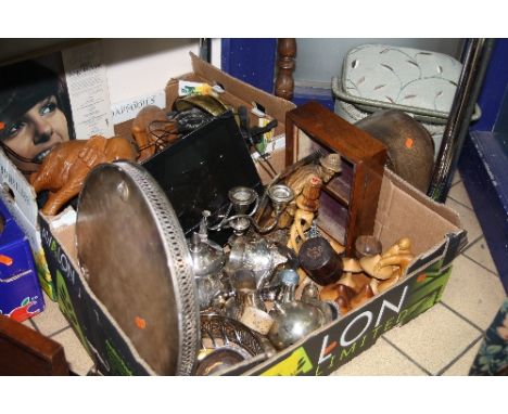 TWO BOXES AND LOOSE SUNDRY ITEMS, to include plated wares, wooden items, scales, mantel clock, etc