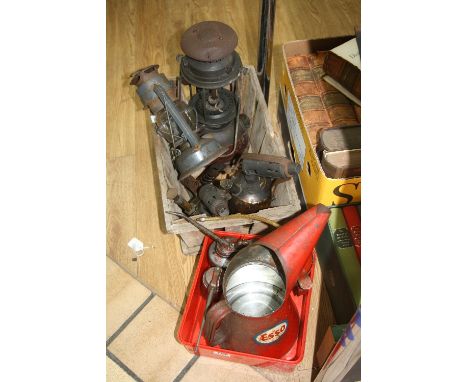 VINTAGE BLOW LAMPS, LANTERNS, ESSO JUG AND OIL CANS