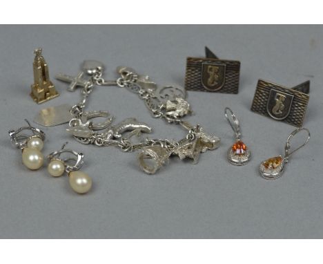 MIXED LOT TO INCLUDE, silver charm bracelet, approximate weight 50.0 grams, cufflinks, earrings etc