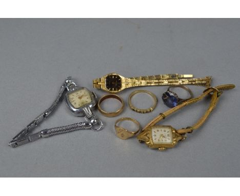 A MISCELLANEOUS JEWELLERY AND WATCH COLLECTION, to include three ladies watches and a gold plated paste eternity ring, a 9ct 