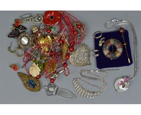 A MIXED LOT OF SILVER, JEWELLERY AND COSTUME JEWELLERY,and a 9ct dress ring, etc