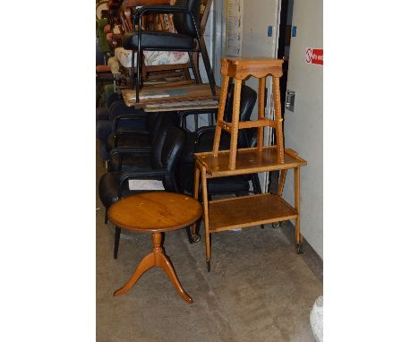A LIGHT OAK TWO TIER TEA TROLLEY, a mahogany circular occasional table and a pine bar stool (3)