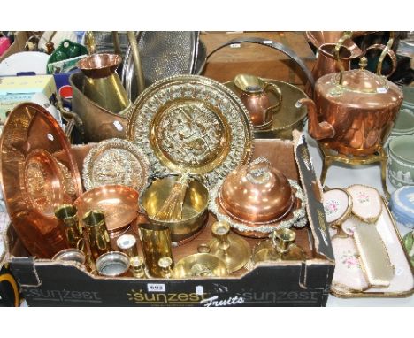 A BOX AND LOOSE ASSORTED BRASS AND COPPER ETC, including brass jam pan, copper kettle, dressing table set, shot flask, etc