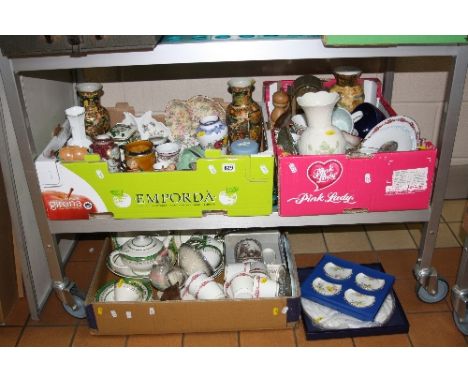 THREE BOXES OF CERAMICS, GLASS, etc to include Wade, Hummel, Masons, Wedgwood, Belleek, USSR, Jema etc