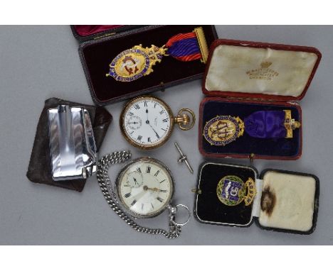 A SILVER POCKET WATCH AND CHAIN, and gold plated pocket watch, three enamel badges (oddfellows) and Ronson lighter