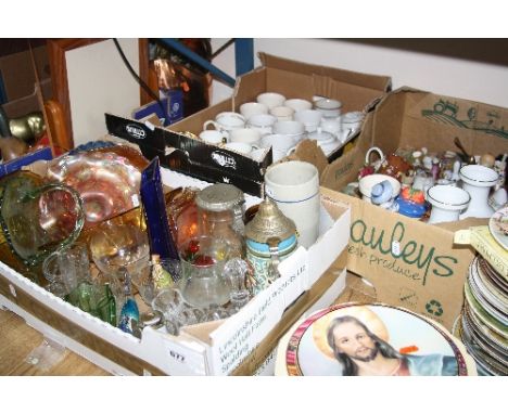 THREE BOXES OF CERAMICS AND GLASSWARES, to include Denby tankards, beer stein, Wade 'Queen of Hearts' etc