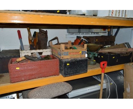 SIX BOXES OF HAND TOOLS, a Taylor vintage wooden bottle crate and a H O Jones scale with weights