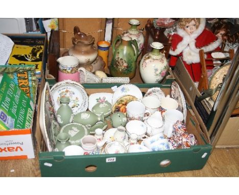 TWO BOXES OF CERAMICS, ETC, including Wedgwood green jasperware, Poole pottery, pair of Winton vases, display shelves, etc
