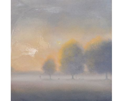 LWRENCE COULSON (BRITISH, 20TH CENTURY), 'Morning Light' a limited edition print 75/395 of a dog walker on a misty morning, s