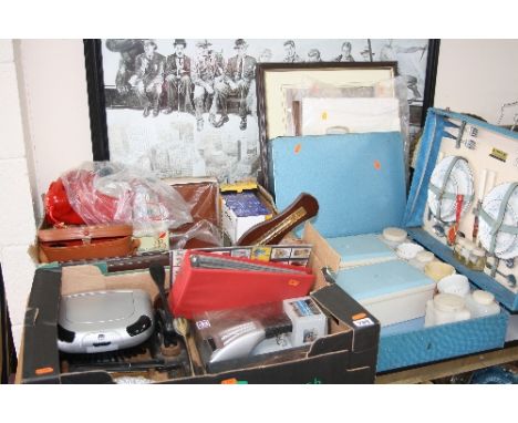 TWO BOXES AND LOOSE SUNDRY ITEMS, PICTURES, SIRRAM PICNIC SET AND SMALL TABLE, ETC, to include First Day Cover stamps, Red Te