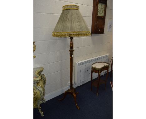 A VICTORIAN MAHOGANY STANDARD LAMP, on a hexagonal tapering uprights, on tripod legs with shade