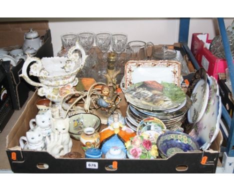 TWO BOXES OF CERAMICS AND GLASSWARES, to include Hummel table lamp, Maling lustre dish, collectors plates, cut glasses etc