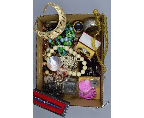 A BOX OF MISCELLANEOUS COSTUME JEWELLERY, to include trinket box, pen, beads, earrings, etc