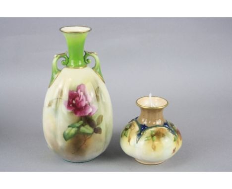 TWO PIECES JAMES HADLEY ROYAL WORCESTER, both decorated with Roses, to include posy vase H306 and twin handled vase, height t