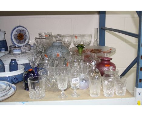 A QUANTITY OF GLASSWARE, including a Royal Brierley Studio red glass vase, Caithness vase, Wedgwood paperweight, decanter, wa