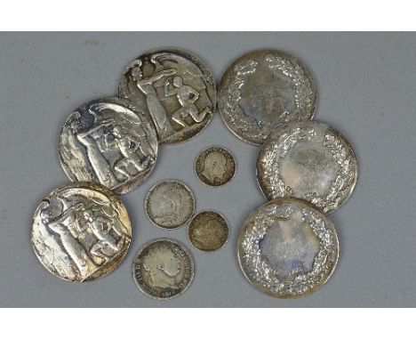 SIX SILVER MEDALIONS AND FOUR SILVER COINS (10), approximate weight 185 grams