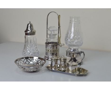 A BOX OF MISCELLANEOUS PLATED WARE, including lamp and castor