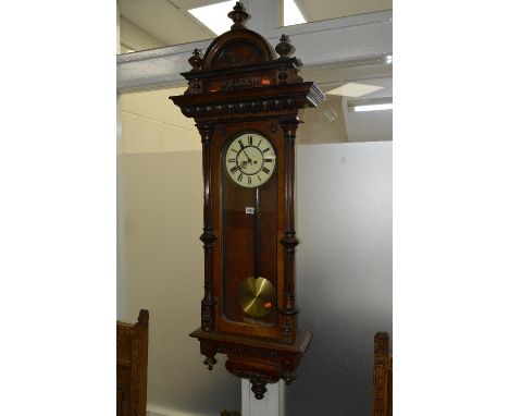 A VICTORIAN VIENNA REGULATOR WALL CLOCK, 8 day movement, circular enamel dial, Roman numerals, the case with fluted upright t