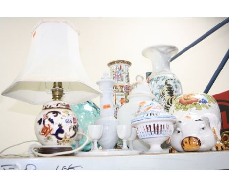 A MASONS 'MANDALAY' TABLE LAMP, together with various vases, pottery pig, liqueur set etc