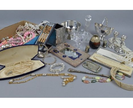 TWO BOXES OF MISCELLANEOUS COSTUME JEWELLERY, silver, plated and glassware, to inclde pair of candlesticks