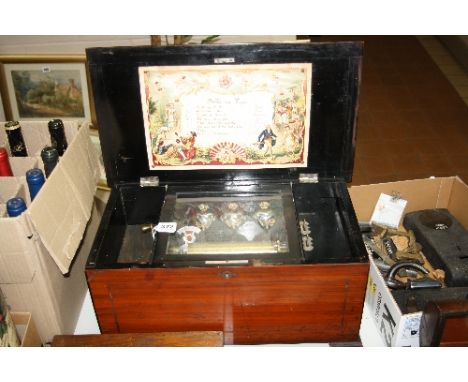 A LATE 19TH CENTURY SWISS TABLE TOP MUSIC BOX, the 15.3cm/6 inch cylinder playing eight airs on three bells with butterfly an