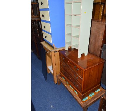 A CHERRYWOOD CHEST OF THREE DRAWERS, corner cupboard, kitchen trolley, tile top coffee table, painted chest of drawers, etc 