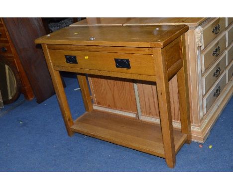 A LIGHT OAK HALL TABLE, with a single long drawer, approximate size width 90cm x height 75cm x depth 30cm