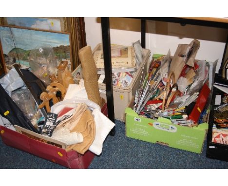 THREE BOXES OF TAPESTRY/KNITTING ITEMS ETC, to include unopened embroidery packs, cotton, wool etc