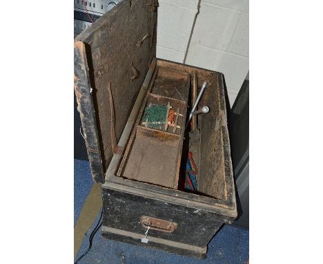A VINTAGE PINE TOOLBOX, with two internal trays and various tools