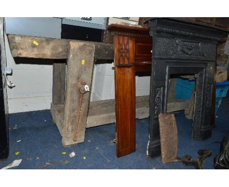 A VINTAGE WOODEN WORK BENCH, with vice attached and an under shelf and one drawer