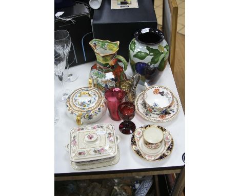 A ROYAL STANLEY JACOBEAN WARE VASE, a Mason's ironstone jug, Grimwades sardine dish and lid, cranberry glass, cups and saucer