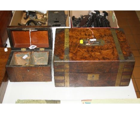 AN INLAID TEA CADDY, with key (missing interior lids), together with brass bound writing box, interior distressed (2)