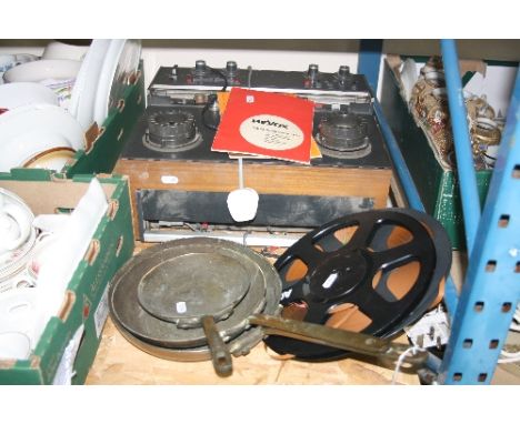 A REVOX TAPE RECORDER A77 (with booklets) and a set of three copper saucepans