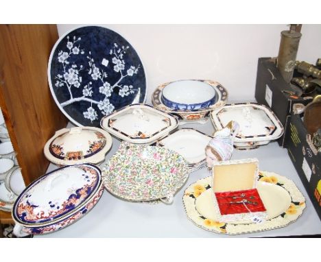 A SMALL BOX OF SIX SILVER AND ENAMEL COCKTAIL STICKS, a Worcester Royal Porcelain works 'Prunus Blossom' charger, assorted tu