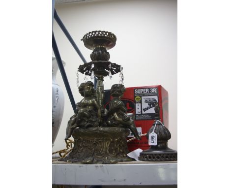 A VICTORIAN STYLE OIL LAMP, converted to electric, depicting three seated cherubs, height of base approximately 41.5cm