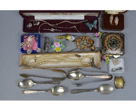 A BOX OF MIXED JEWELLERY, to include gold watch head, costume jewellery, silver spoons, etc