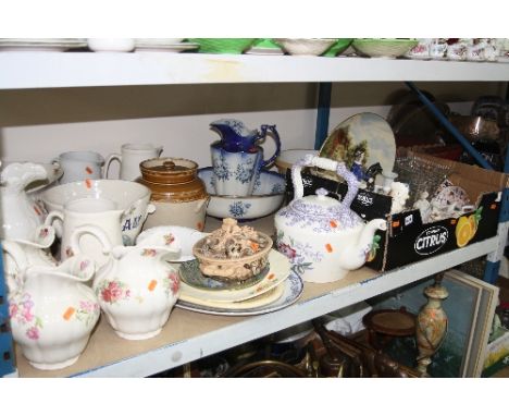 VARIOUS CERAMICS AND GLASSWARES, to include jardinieres, stands, jug and bowl, large Copeland Spode 'Mayflower' tea kettle, '