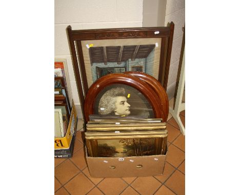PAINTINGS AND PRINTS, a 1920's mahogany firescreen with tapestry panel, a pair of gilt framed oils on canvas of river landsca
