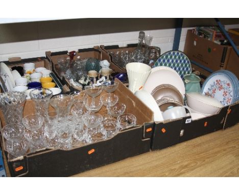 FIVE BOXES OF GLASSWARE AND CERAMICS, including Poole pottery dinnerwares, Denby dinner plates, Webb Corbett drinking glasses