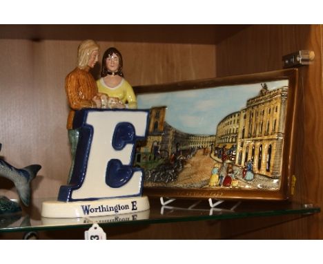 A BESWICK ADVERTISING CERAMIC FIGURE GROUP, 'WORTHINGTON E', height approximately 23.5cm and a 'Regent Street 1852' plaque (2