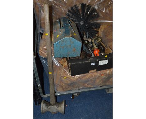 A BOX AND A TOOL BOX CONTAINING MISCELLANEOUS, including tools and a large stake mallet
