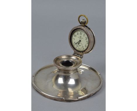 A SILVER INKWELL, Birmingham 1923 set with a watch in the lid