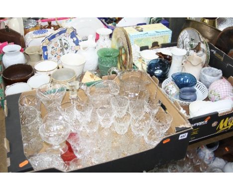 THREE BOXES OF 19TH AND 20TH CENTURY CERAMICS AND GLASSWARE, including water jugs, Staffordshire pottery tankards, boxed Spod